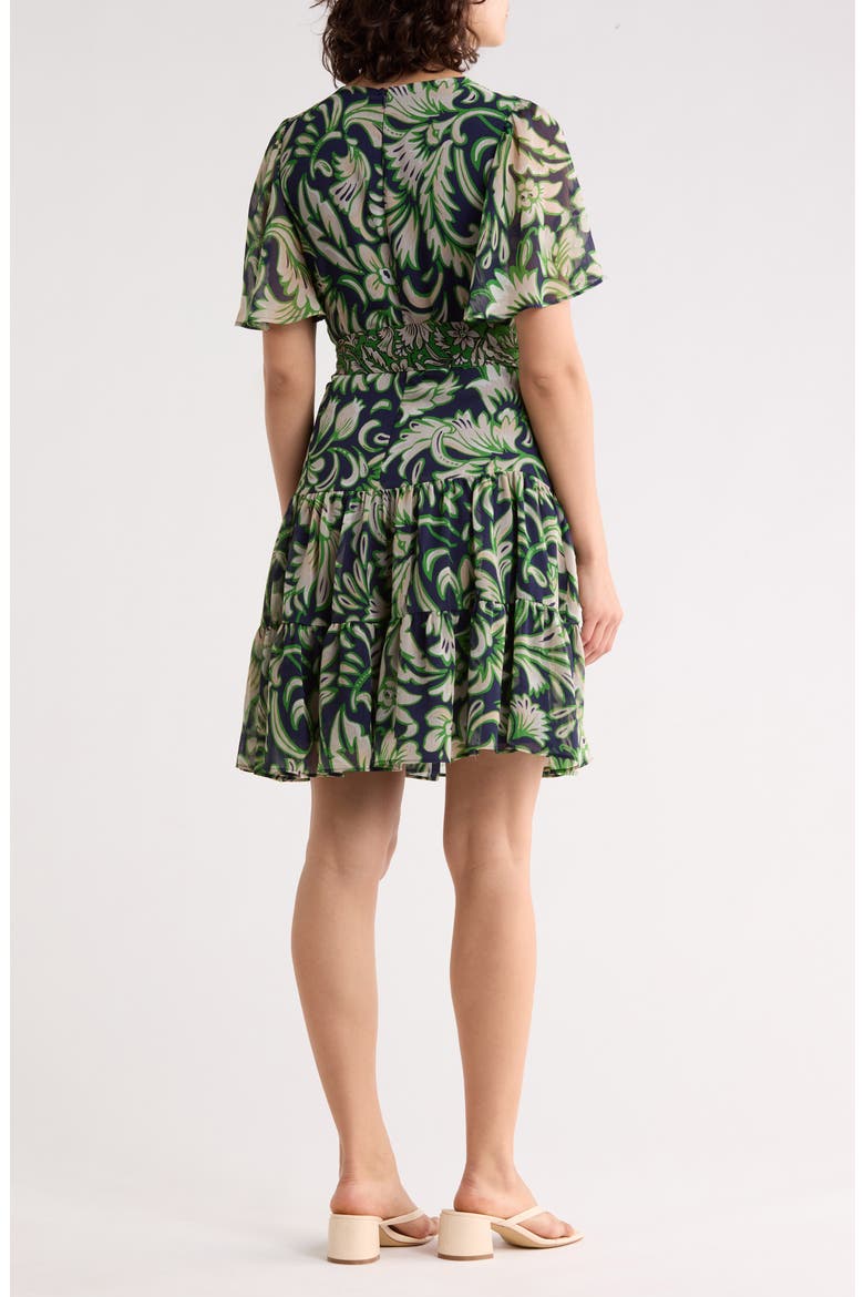 Floral V-Neck Flutter-Sleeved Minidress, Alternate, color, NAVY GREEN