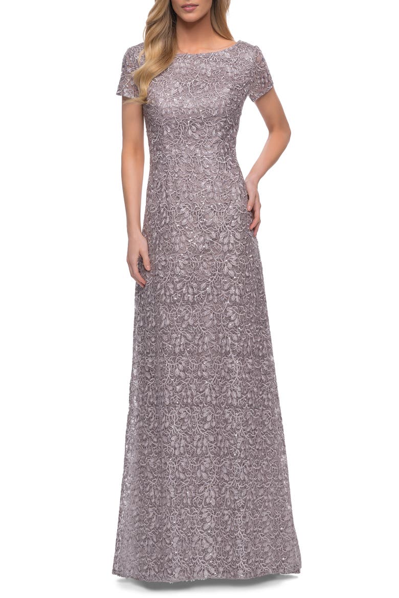 Embroidered Lace Column Gown, Main, color, DARK MAUVE