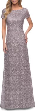 La Femme Embroidered Lace Column Gown