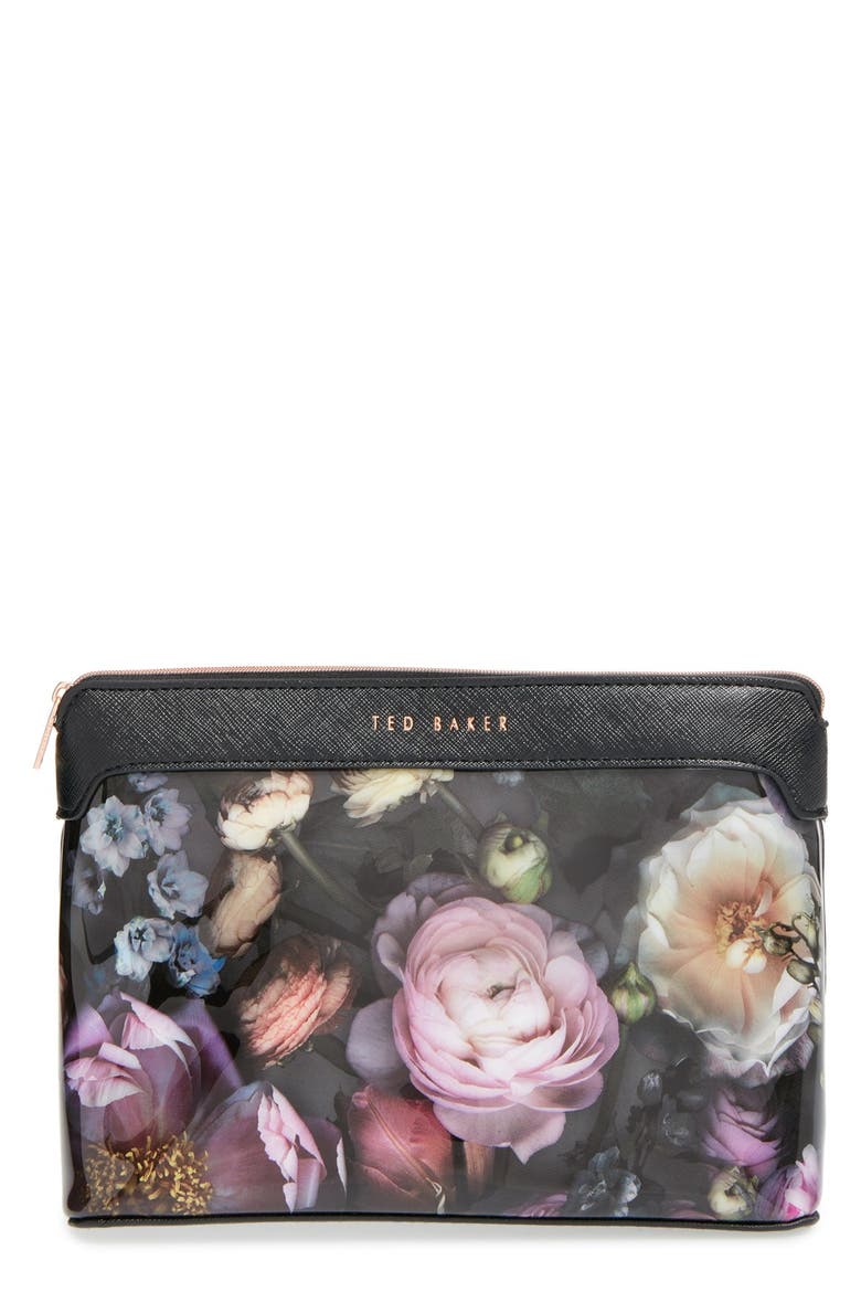 'Large Shadow Flora' Cosmetics Case, Main, color, MEDIUM GREY