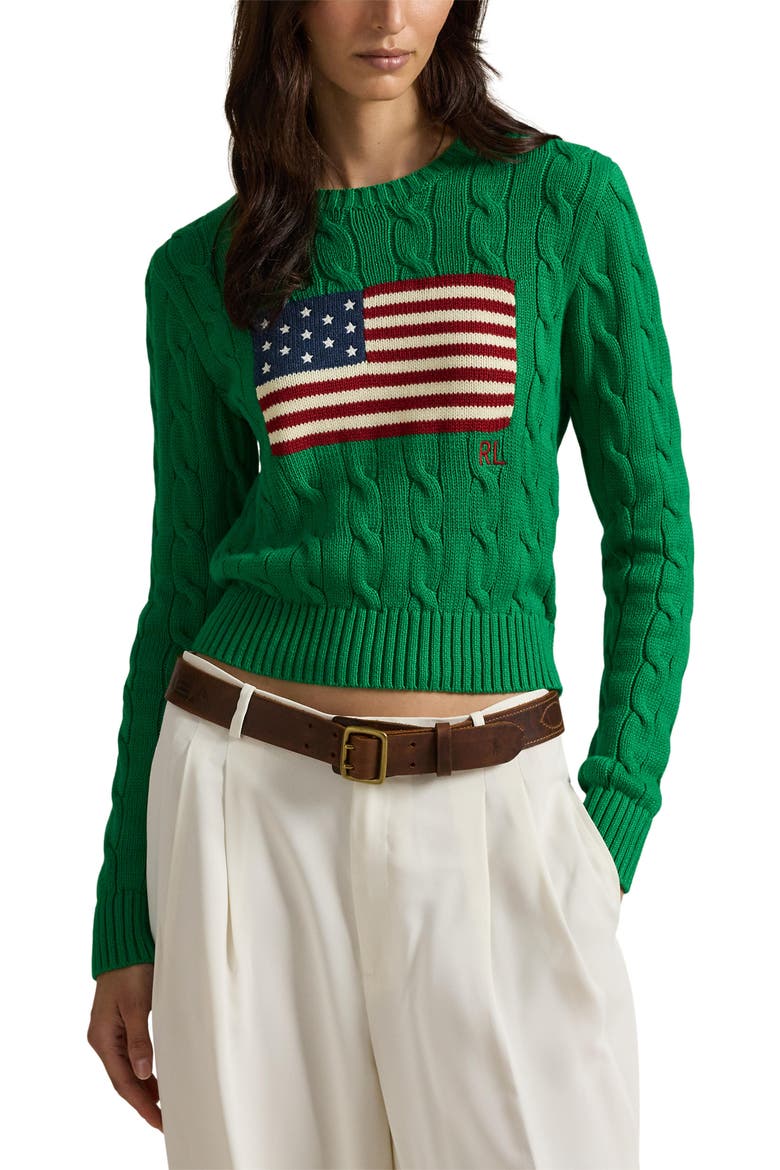 Flag Intarsia Cable Stitch Crewneck Sweater, Main, color, BILLIARD