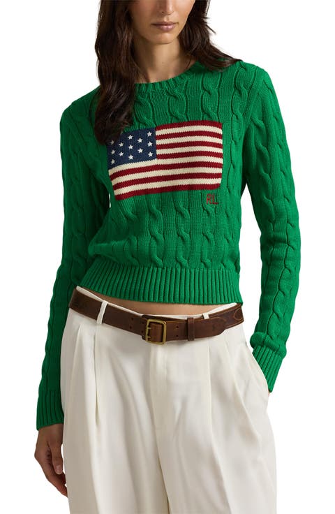 Flag Intarsia Cable Stitch Crewneck Sweater