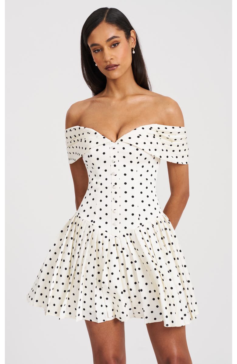 Miss Circle Edeline Polka Dot Off-shoulder Pleated Mini Dress, Main, color, White