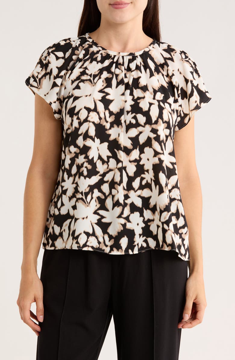 NORDSTROM RACK Gathered Neck Top, Main, color, Black- Ivory Blurred Foliage