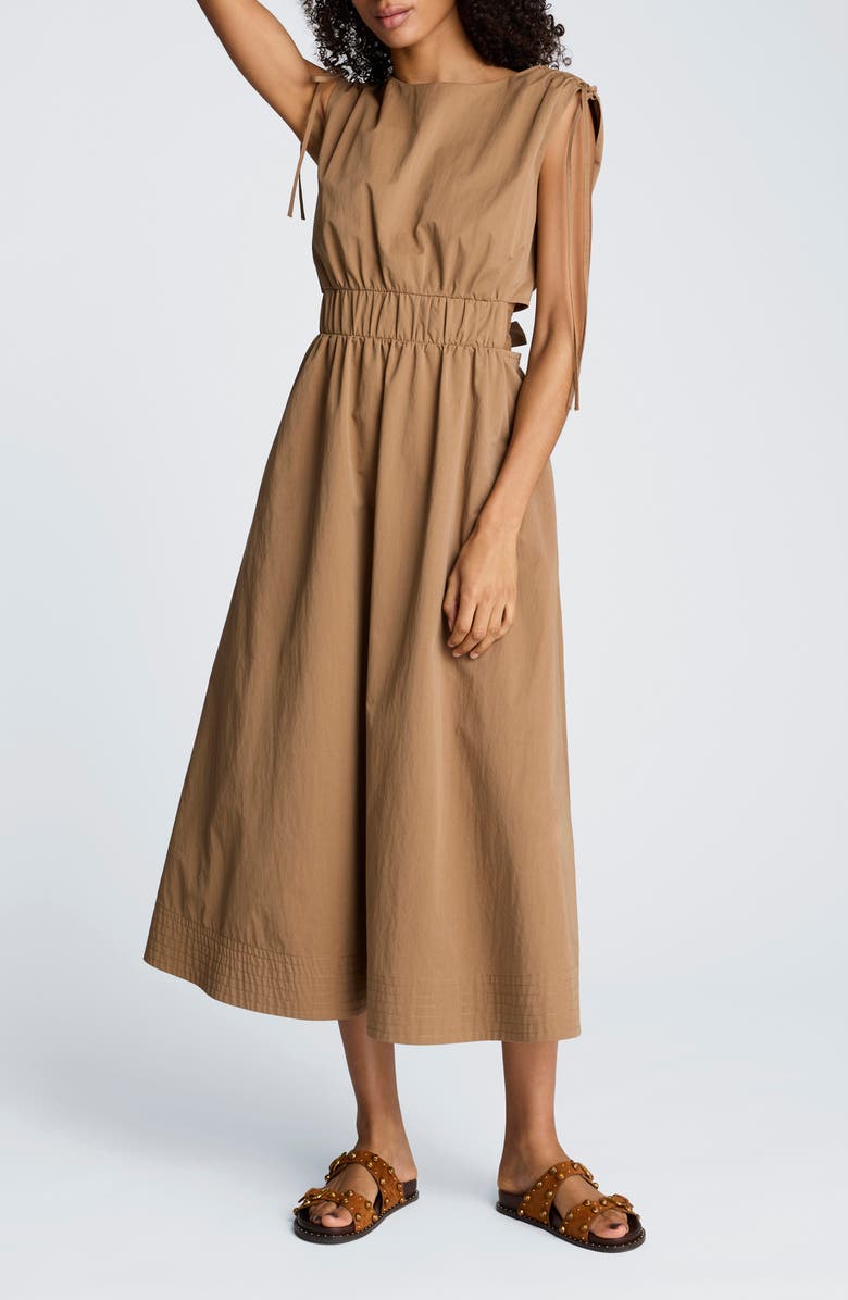 Kenneth Cole Cutout Detail Ruched Waist Stretch Cotton Midi Dress, Main, color, Mesquite