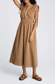 Kenneth Cole Cutout Detail Ruched Waist Stretch Cotton Midi Dress