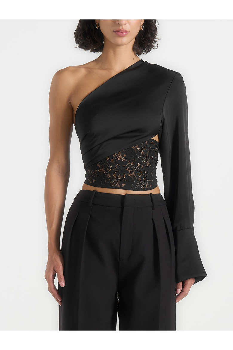 Coralie One Sleeve Lace Wrap Top, Alternate, color, Black