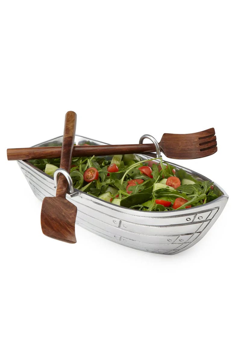 Uncommon Goods Row Boat Serving Bowl with Wood Serving Utensils, Alternate, color, Silver / Brown