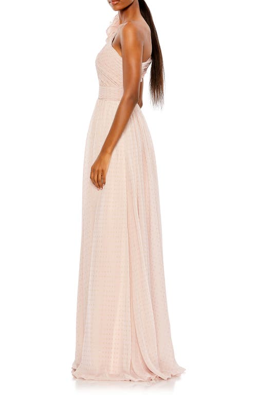 Mac Duggal Rosette Metallic Dot One-shoulder Chiffon Gown In Porcelain