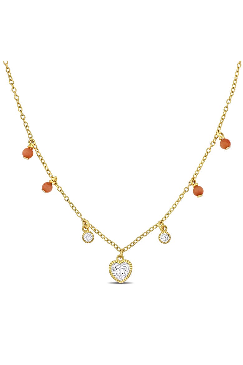 Cubic Zirconia & Pink Bead Station Heart Necklace, Main, color, Yellow-Plated