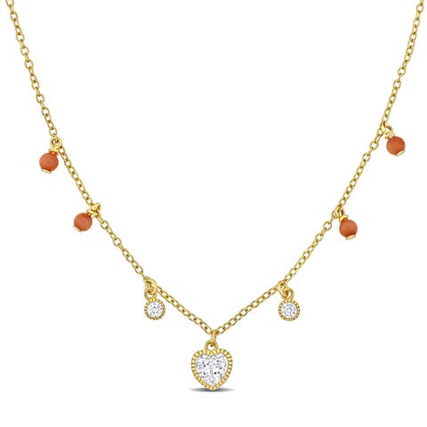 Cubic Zirconia & Pink Bead Station Heart Necklace