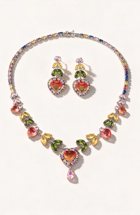 Crystal Heart Necklace And Matching Drop Earring Set
