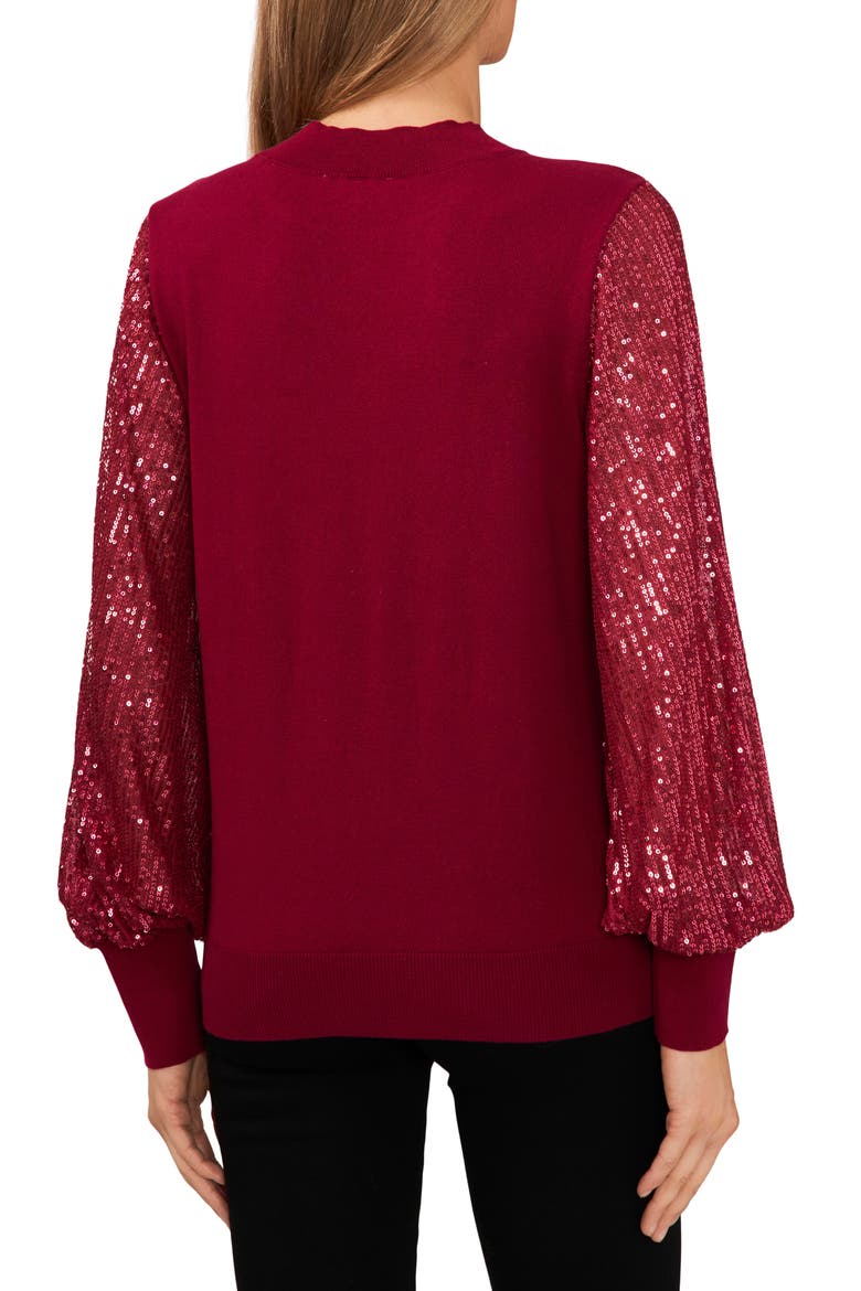 Sequin Sleeve Mock Neck Sweater, Alternate, color, DEEP MERLOT