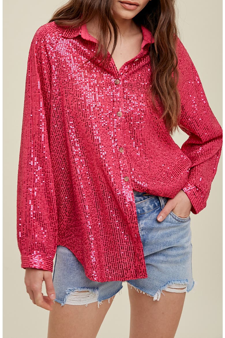 Sequin Button-Up Shirt, Alternate, color, FUCHSIA