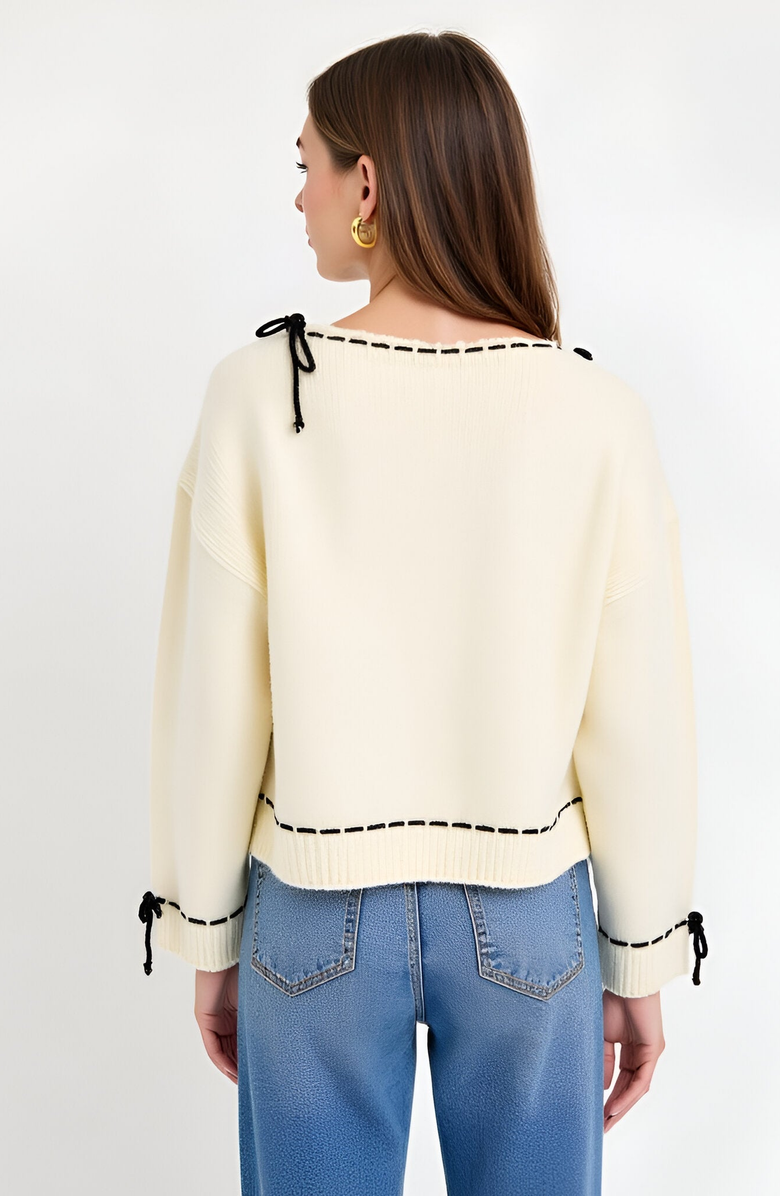 Modenaire Contrast Tie Scalloped Boat Neck Cropped Hem Knit Sweater, Alternate, color, Ivory
