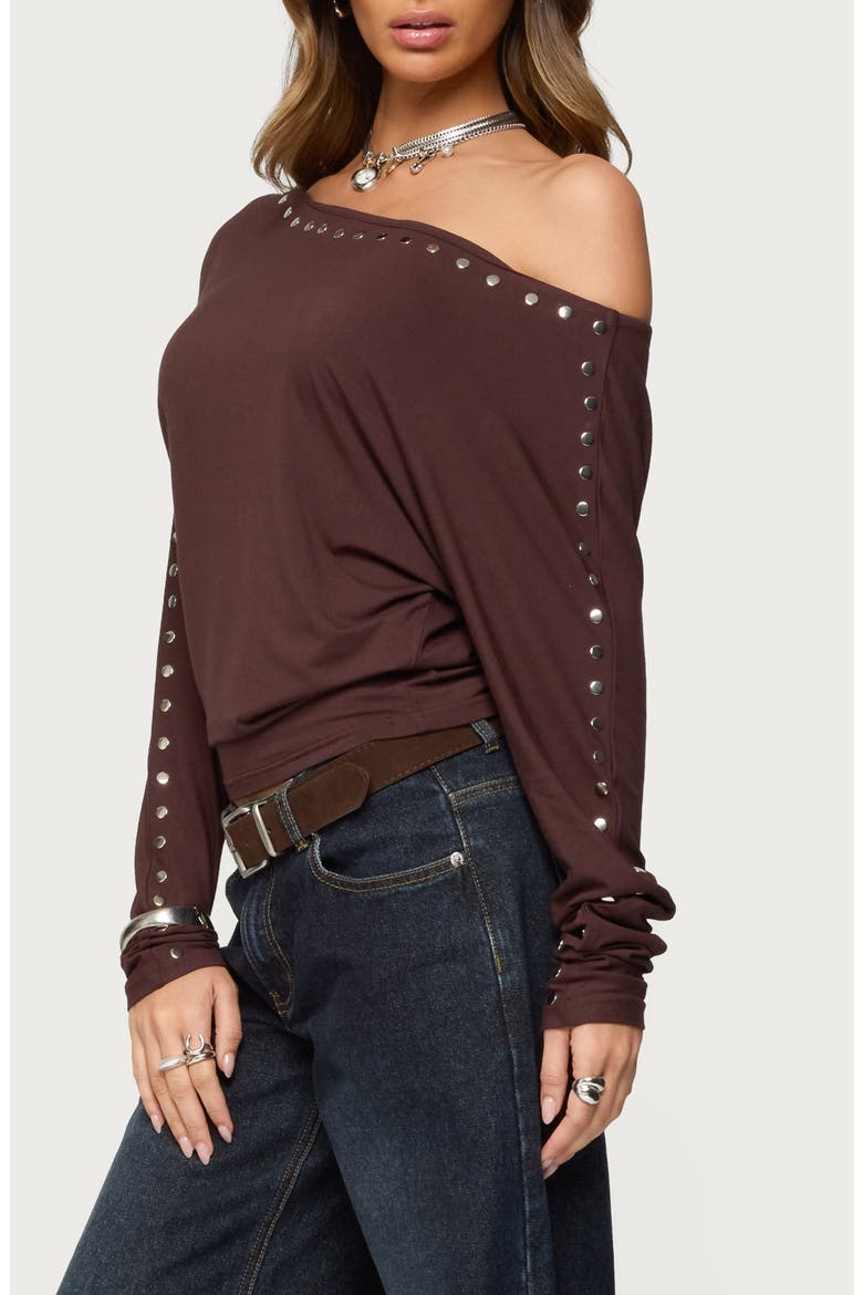 Paola Stud One-Shoulder Top, Alternate, color, BROWN