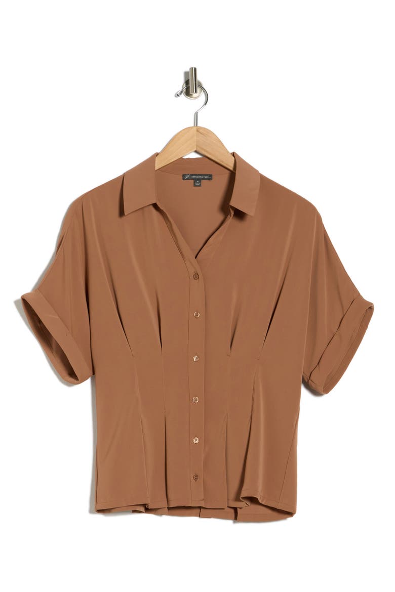Pleated Waist Short Sleeve Button-Up Shirt, Alternate, color, MINK