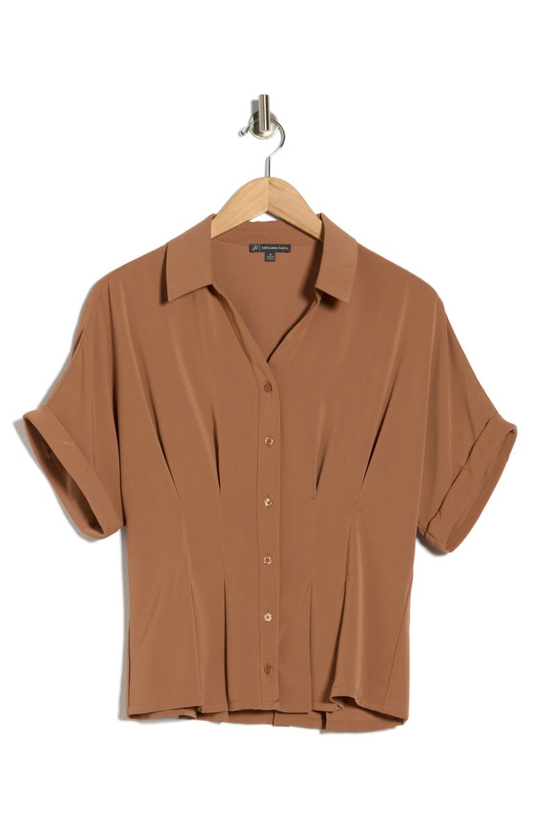 Adrianna Papell Pleated Waist Short Sleeve Button-Up Shirt, Main, color, Mink