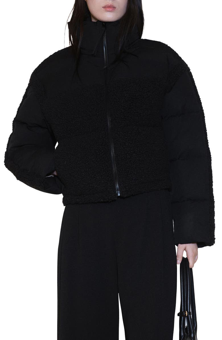 MANGO Mixed Media Faux Shearling Detail Puffer Coat, Main, color, Black