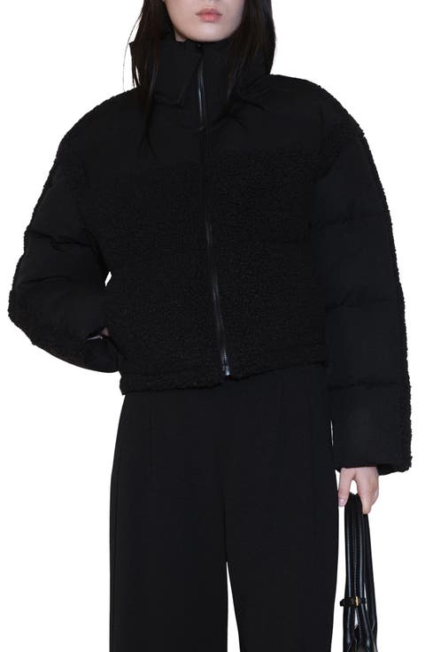 Mixed Media Faux Shearling Detail Puffer Coat