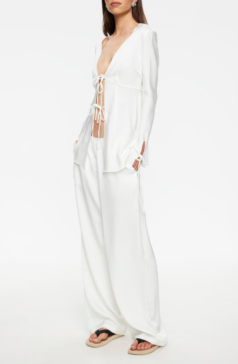 LIONESS Veil Tie Front Plunge Neck Satin Top, Alternate, color, Porcelain