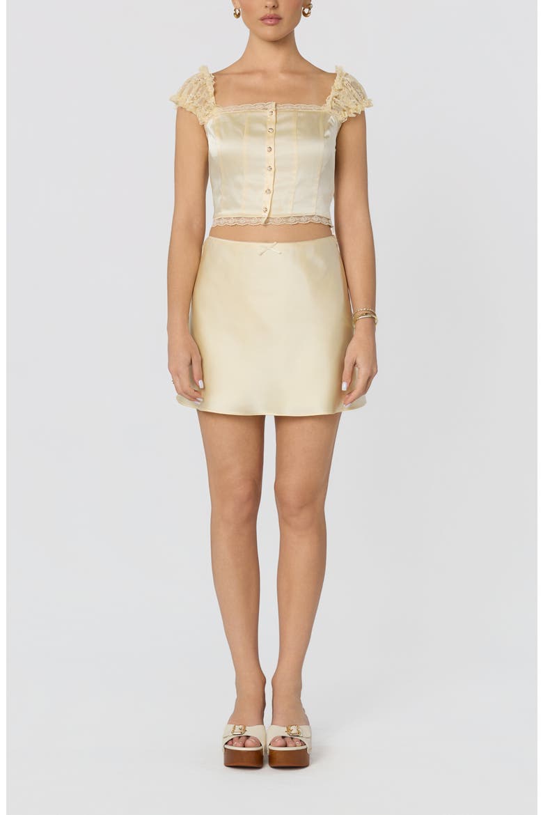 Elliana Lace Trim Satin Button-Up Crop Top, Alternate, color, BUTTER YELLOW