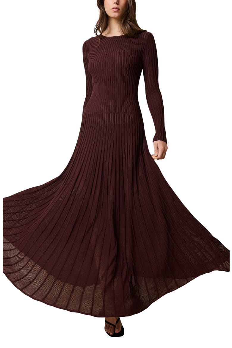The Sloane Long Sleeve Pointelle Rib Maxi Sweater Dress, Alternate, color, RAISIN BROWN