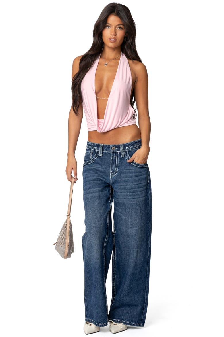 Plunge Cowl Neck Crop Halter Top, Alternate, color, LIGHT-PINK