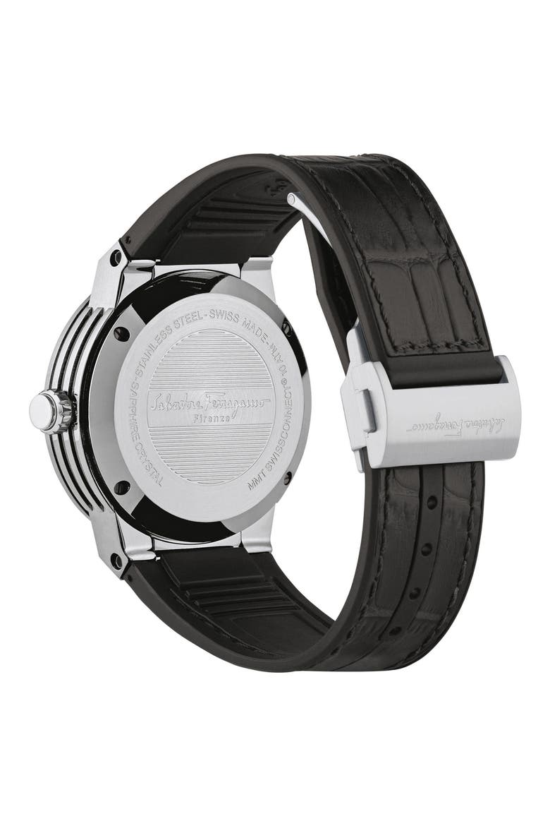 Salvatore Ferragamo 'F-80 Motion' Leather Strap Smart Watch, 44mm, Alternate, color, BLACK/ GREY/ SILVER