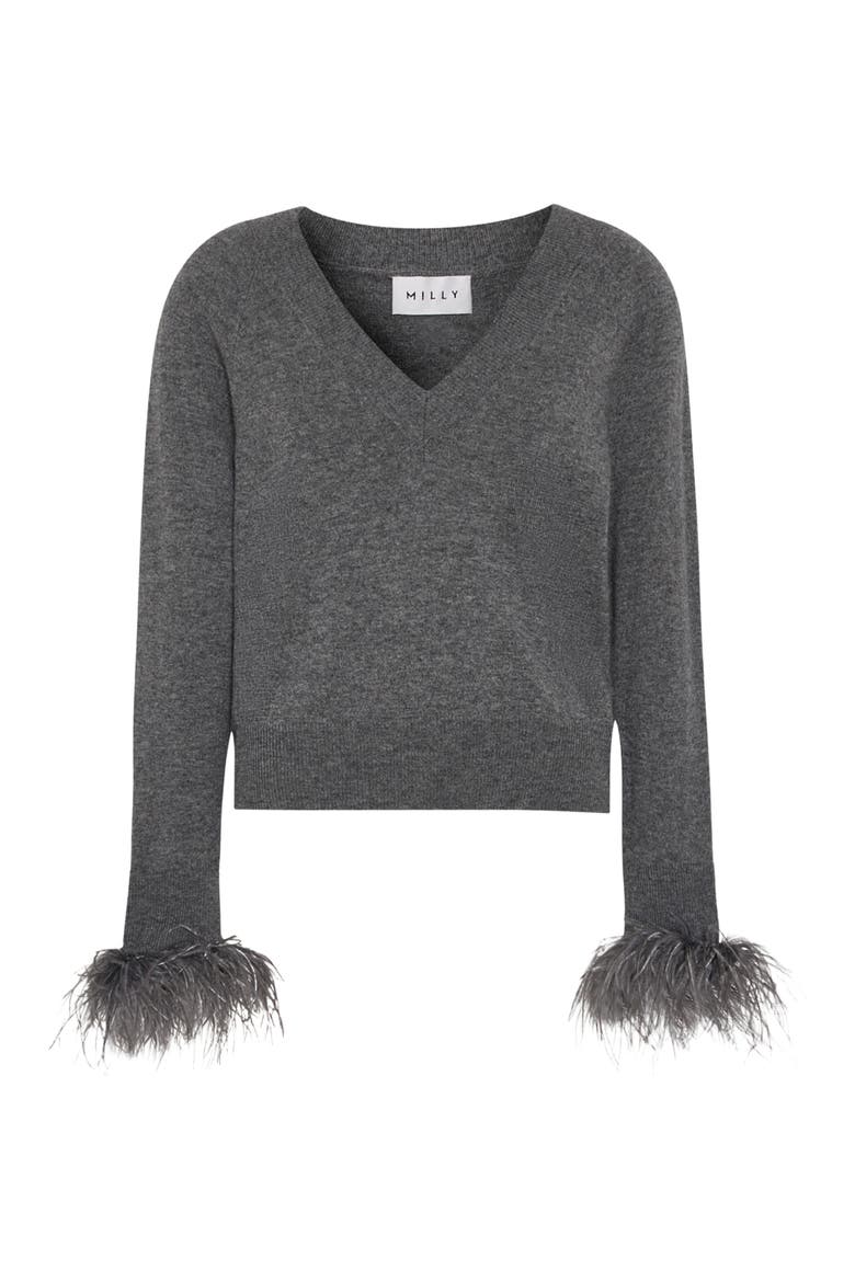Feather Cuff V-Neck Sweater, Alternate, color, GREY HEATHER