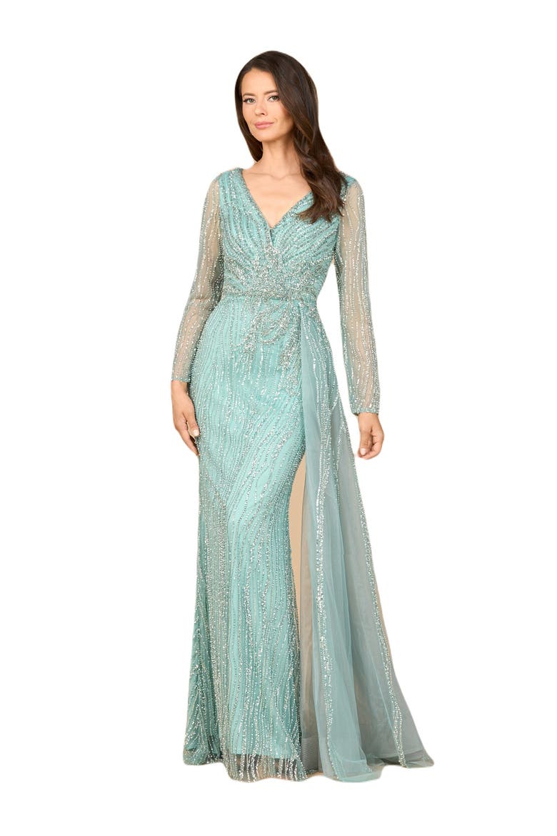 Long Sleeve V-Neck Gown with Drape, Alternate, color, Dark Sage