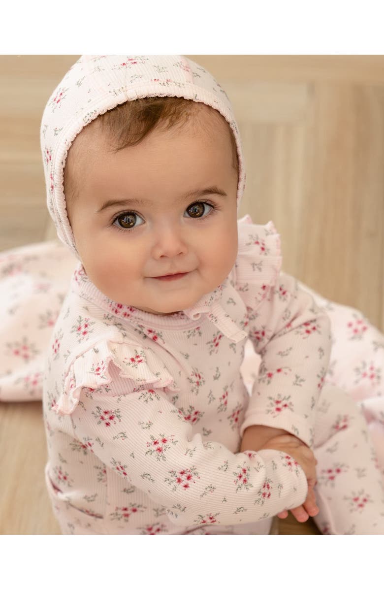 MiniMoi 3 Piece Mini-Ribbed Cotton Rich Ruffled-Sleeve Floral Footie Set, Alternate, color, Pink