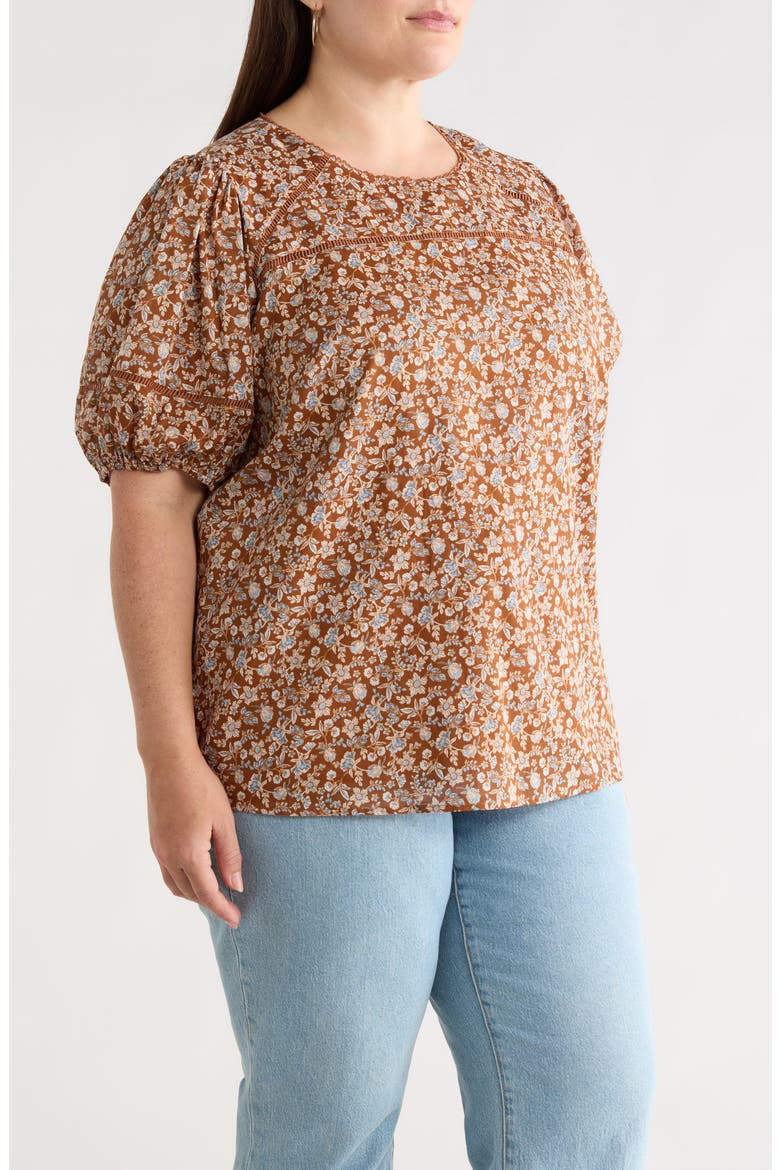 Ramsey Mawlin Floral Puff Sleeve Cotton Top, Alternate, color, BROWN-MULT