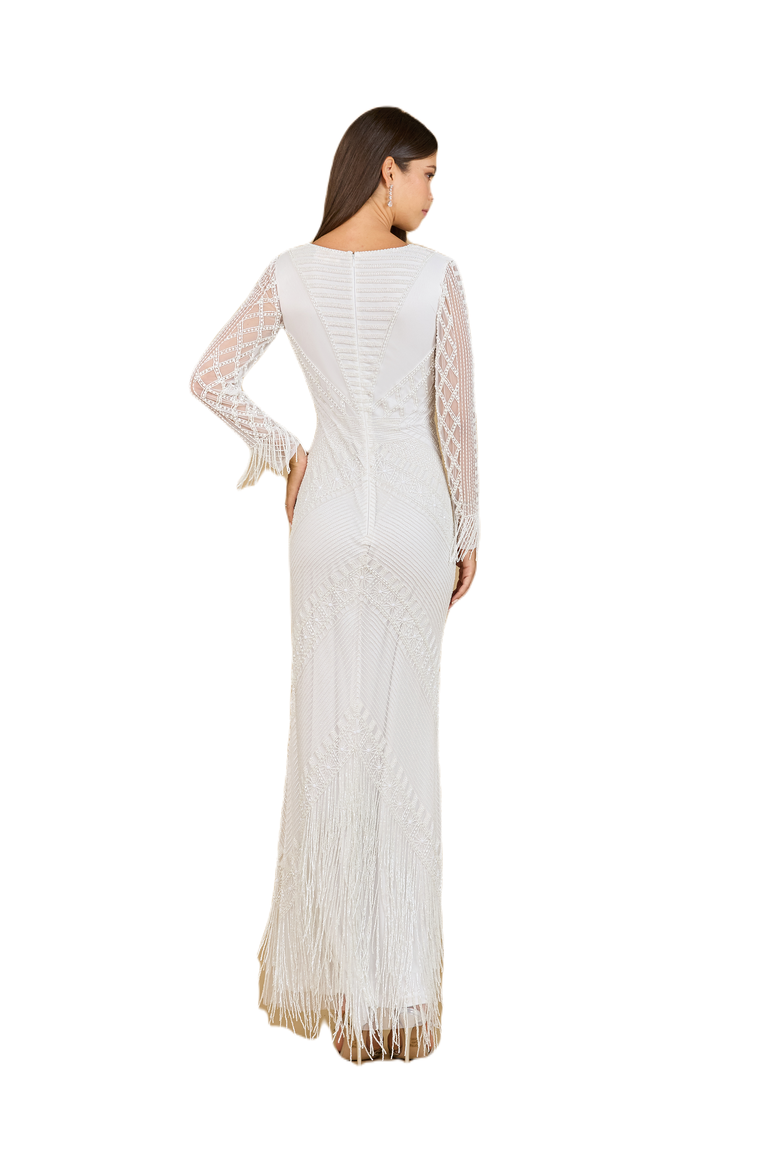 Long Sleeve Fringe Bridal Gown, Alternate, color, Ivory