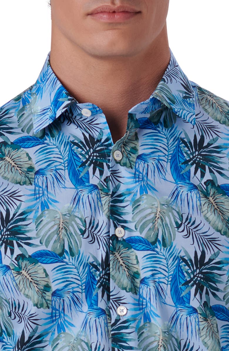 Bugatchi Shaped Fit Print Stretch Cotton Short Sleeve Button-Up Shirt, Alternate, color, Sky
