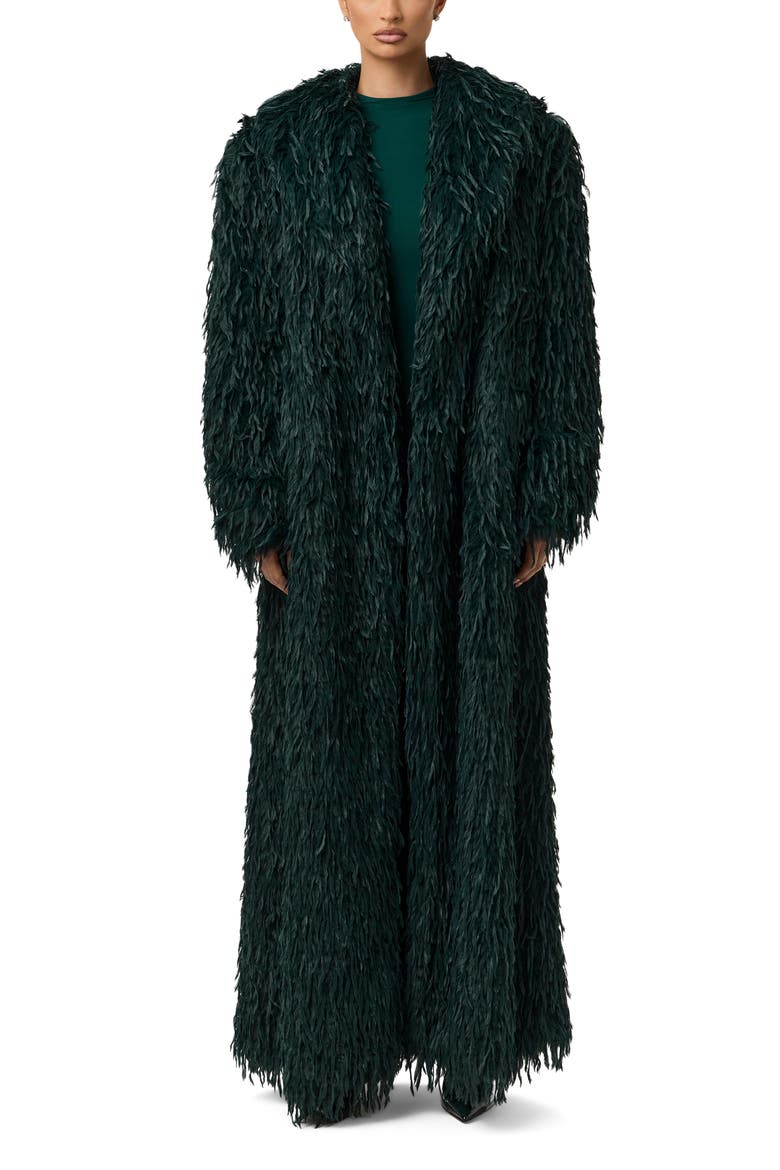 Long Faux Feather Coat, Alternate, color, EMERALD