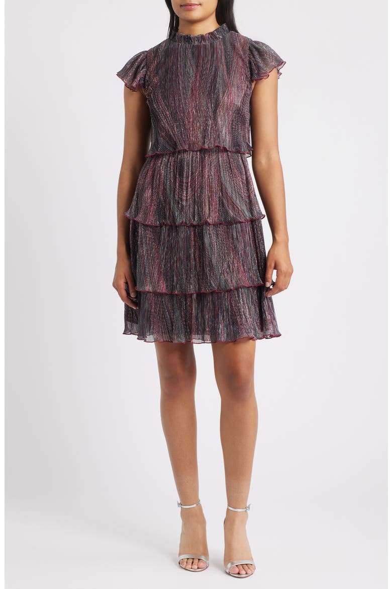 Metallic Crinkle Tiered Dress, Main, color, BURGUNDY MULTI