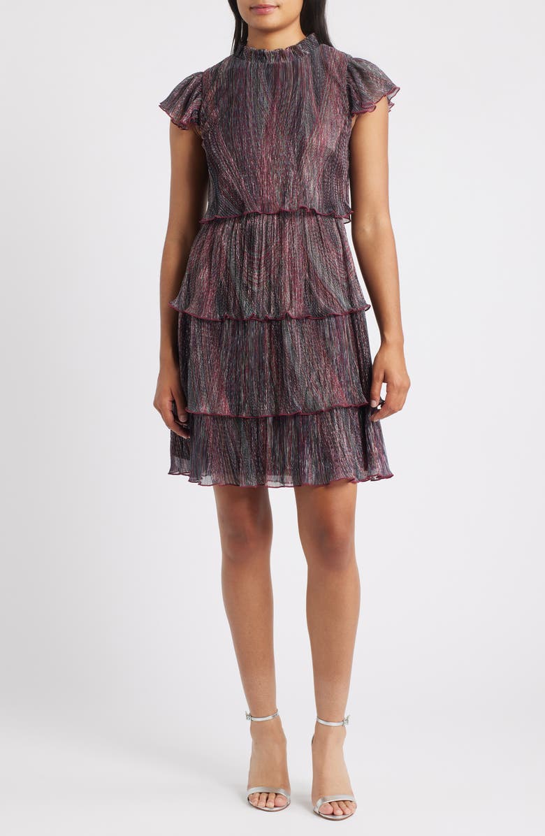 Vince Camuto Metallic Crinkle Tiered Dress, Main, color, Burgundy Multi