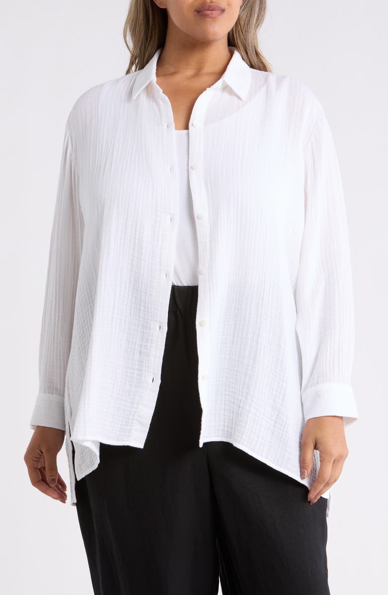 Eileen Fisher Classic Collar Easy Organic Cotton Button-Up Shirt, Main, color, White
