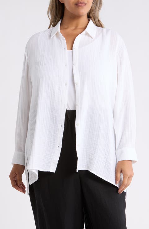 Classic Collar Easy Organic Cotton Button-Up Shirt (Plus)