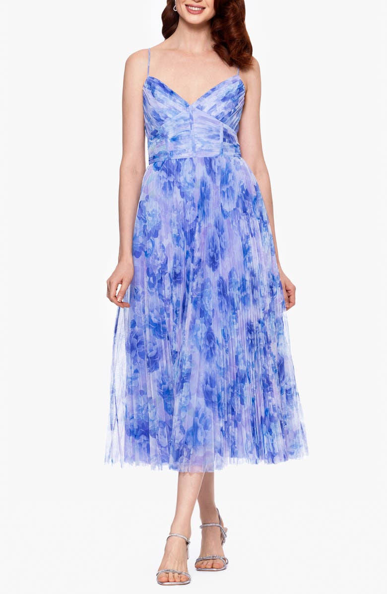 Betsy & Adam Floral Print Corset Bodice Pleated Tulle Midi Cocktail Dress, Main, color, Midi Tulle Corset Dress