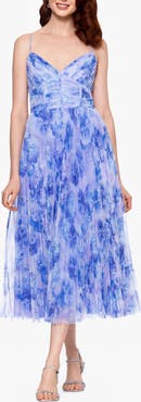 Betsy & Adam Floral Print Corset Bodice Pleated Tulle Midi Cocktail Dress