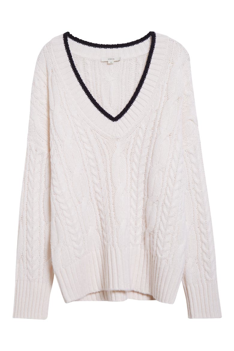 Oversize V-Neck Wool & Cashmere Cable Sweater, Alternate, color, OFF WHITE/ COASTAL