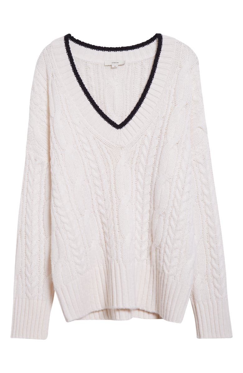 Vince Oversize V-Neck Wool & Cashmere Cable Sweater, Alternate, color, Off White/ Coastal