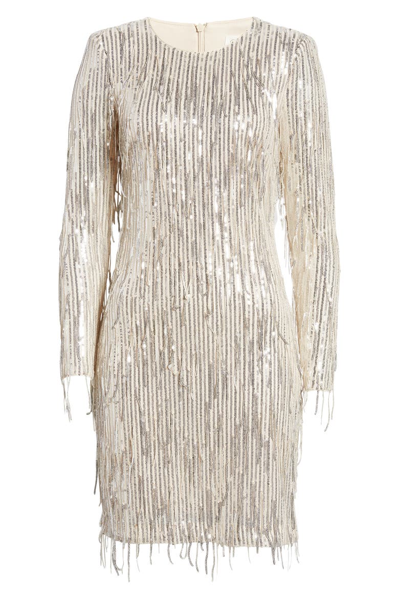 Sequin Fringed Long Sleeve Cocktail Dress, Alternate, color, SILVER