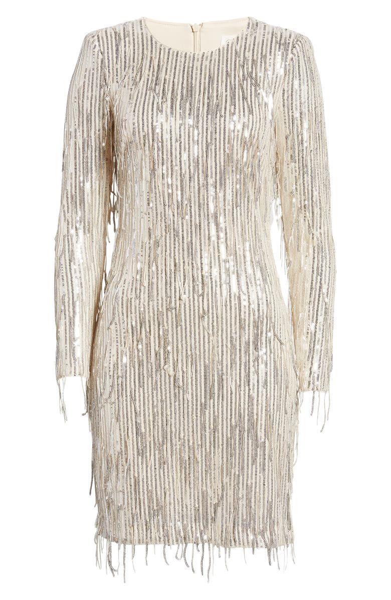 Eliza J Sequin Fringed Long Sleeve Cocktail Dress, Alternate, color, Silver