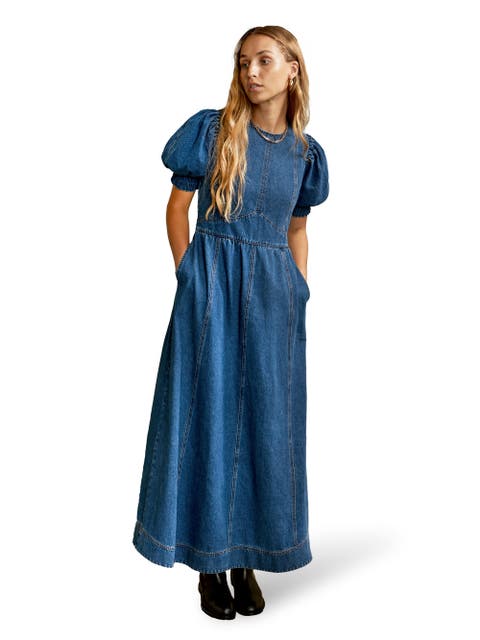 Denim Short Puff Sleeve Midi Dress