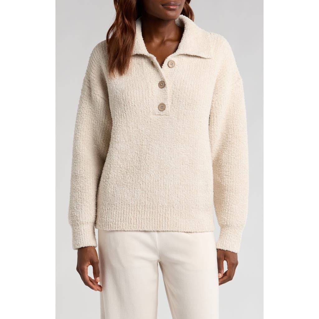 Barefoot Dreams Cozychic Button Placket Pullover In Heather Stone/cream