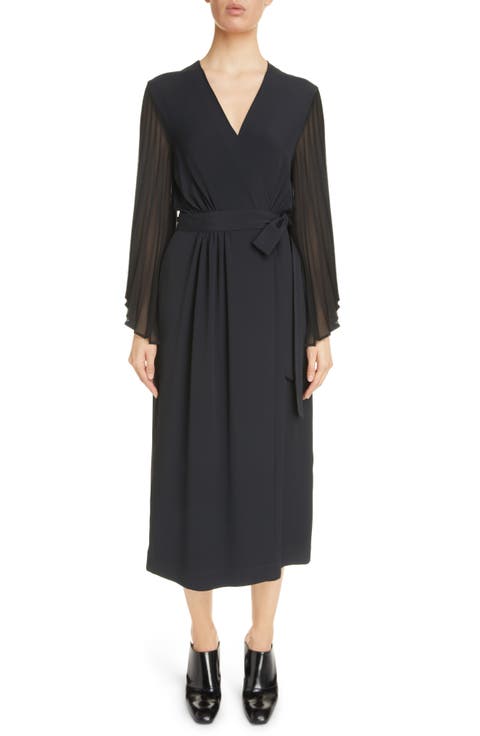 Dooley Pleated Long Sleeve Crepe Dress