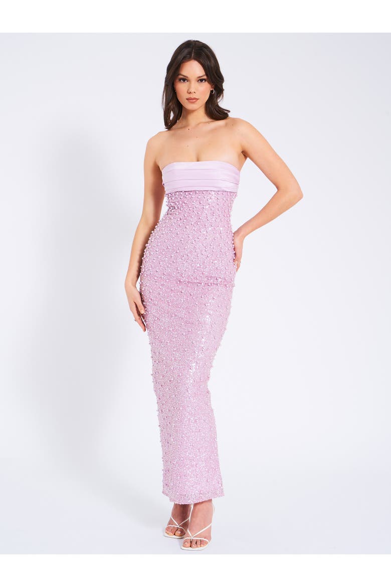Lainey Satin Strapless Party Sequin Pearl Beaded Maxi Dress, Alternate, color, Light Pastel Purple